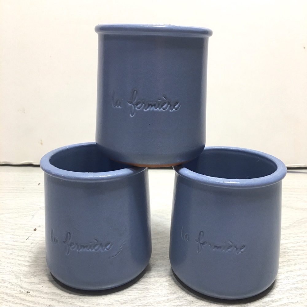 Set Of 3 La Fermiere French Periwinkle Terra Cotta Yogurt Cream Pot